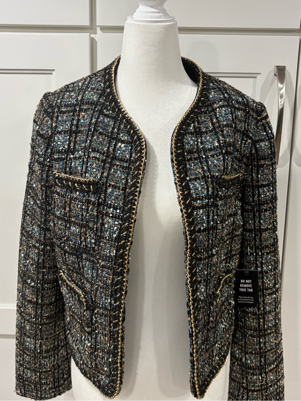 Express Black and Blue Metallic Plaid Gold Chain Tweed